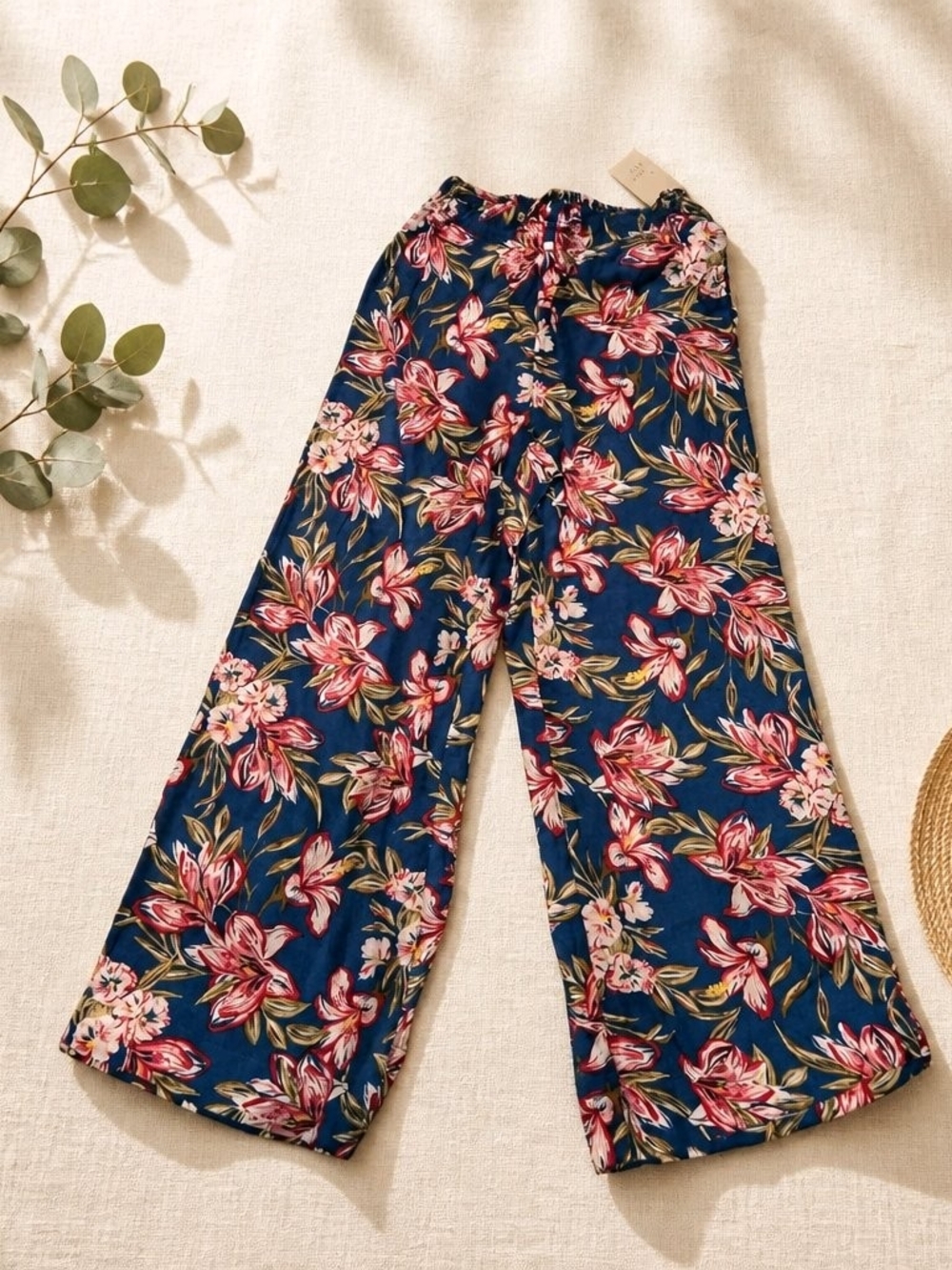 a new day Navy Wide-Leg Floral Pants with Pink Blossoms